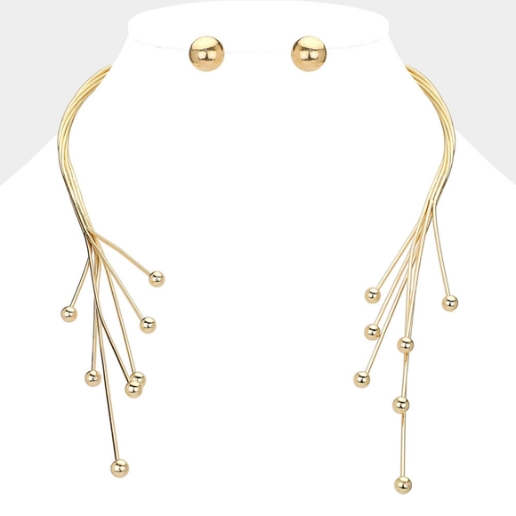 Gold Modern Abstract Metal Ball Tip Tassel Branch Twig Choker Necklace Set - Picture 1 of 3